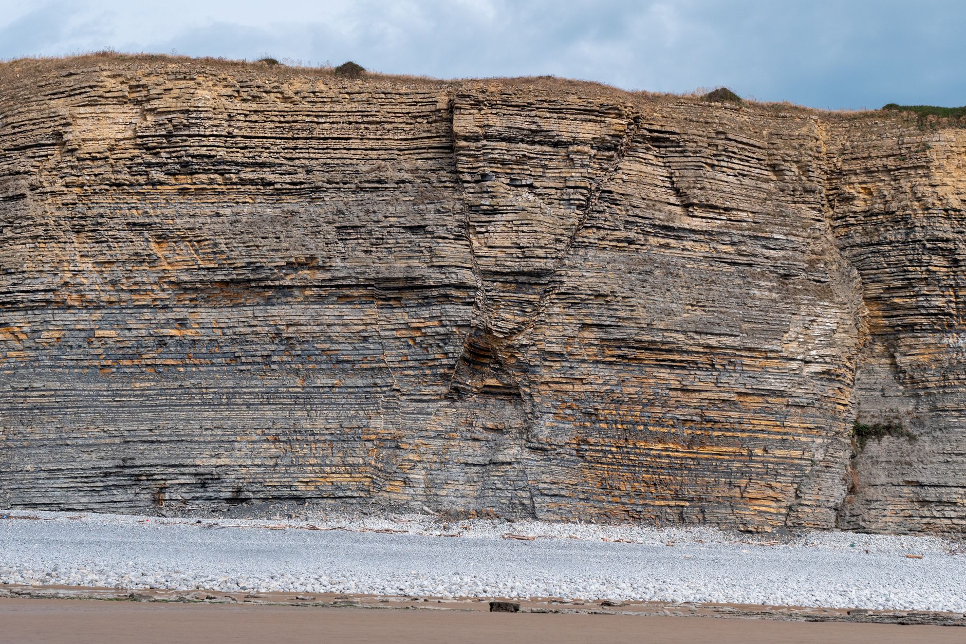 Exposed rock cliff face showing clear bedding planes and joint sets in layered sedimentary rock